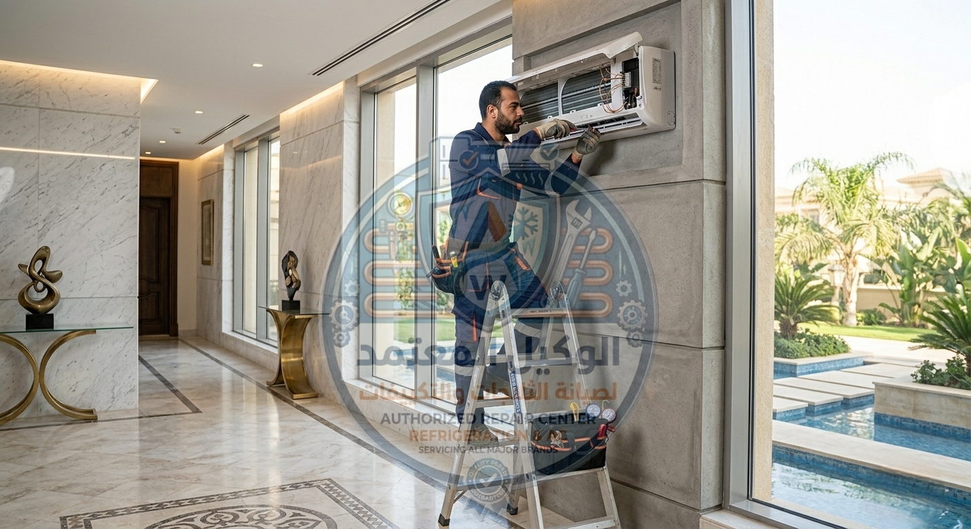 فني شركة الوكيل المعتمد يقوم بصيانة تكييف منزلي في القاهرة